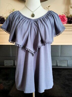 Pleione Ruffle Overlay Knit Top M Blue Elastic V-Neck Embroidered Trim Stretch